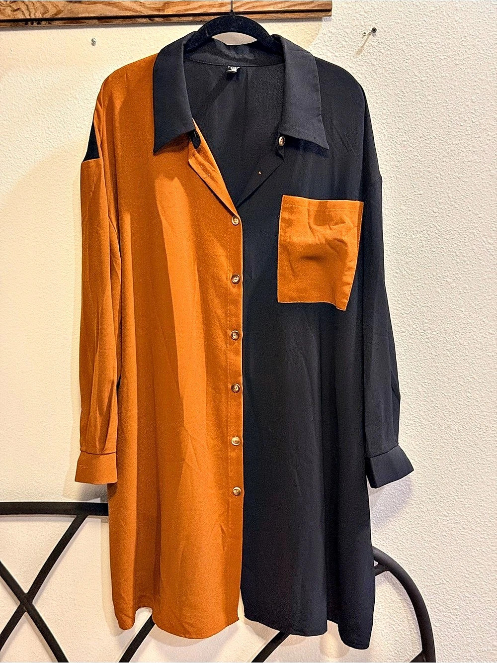 SHEIN Color Block Button Down Shirt Black & Orange 2XL